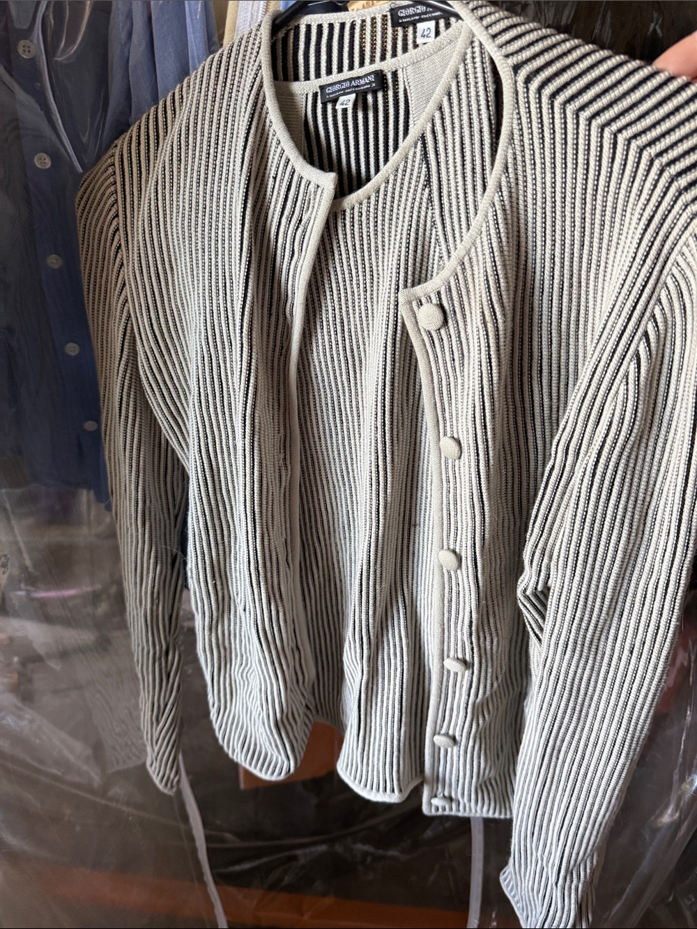 Giorgio Armani Black and Cream Striped Ribbed Knit Cardigan w/ matching tank top